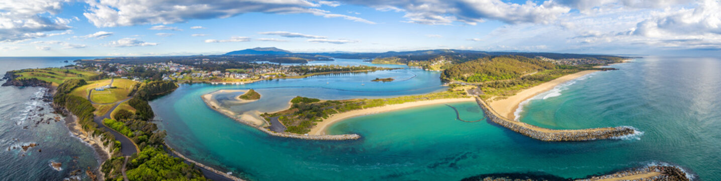 Aerial panorama of beautiful ocean coastline and inlet in Australia