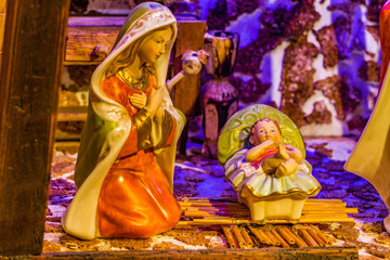 Christmas Nativity with Baby Jesus and Blessed Virgin Mary - obrazy, fototapety, plakaty