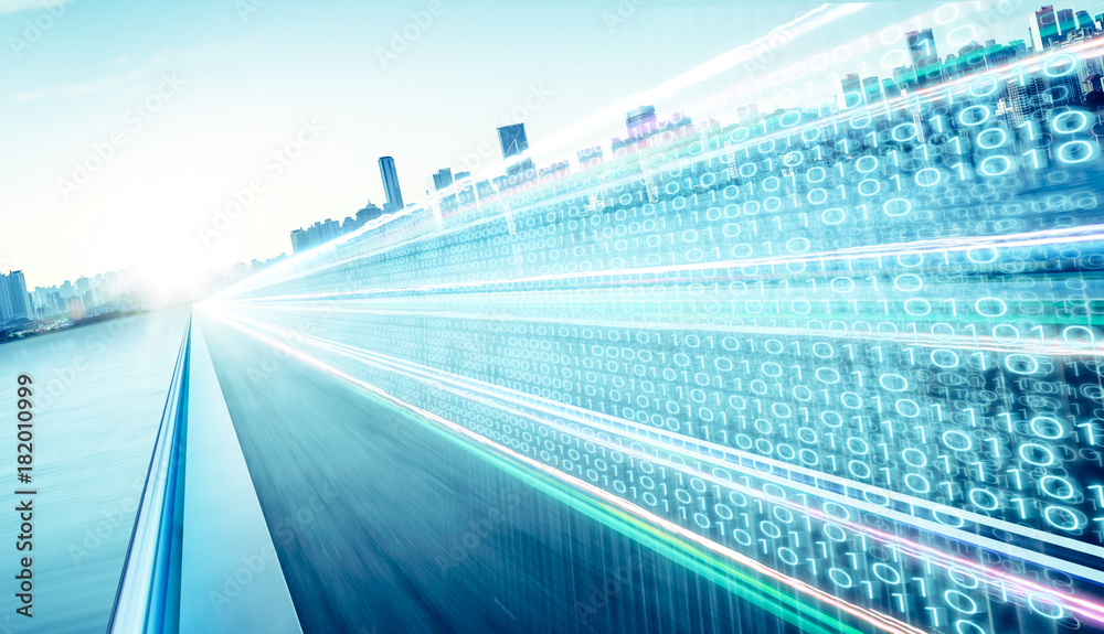 Poster highway flyover with binary code numbers on motion blurred asphalt road , speed and faster digital m