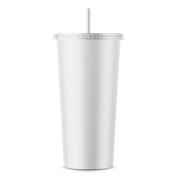 White Disposable Paper Cup With Lid And Straw.