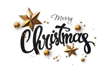 Merry christmas handwritten lettering, inscription holiday phrase, typography banner with brush script,