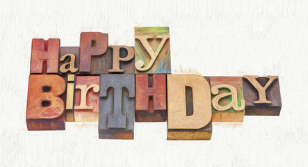 Happy Birthday greeting card in wood type