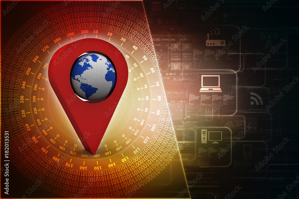 Poster 3d rendering red map pointer with world map