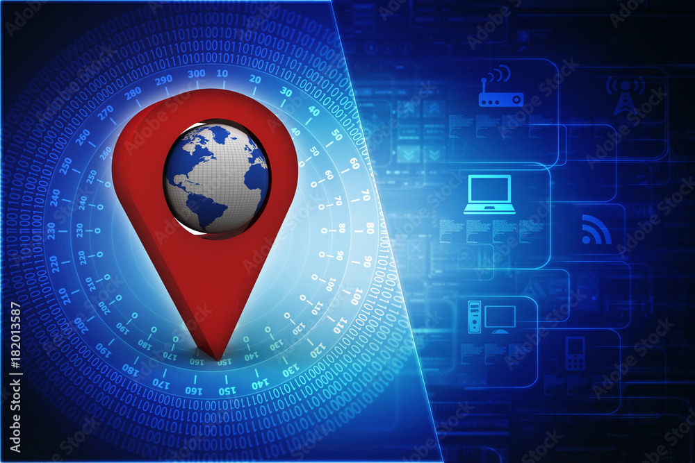 Poster 3d rendering red map pointer with world map