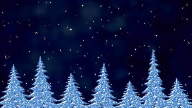 White snow and frost covered pine trees in the starry night, winter seasonal scene with forest and stars, frosty landscape, festive background, abstract illustration, animation
