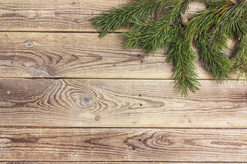 Pine branches on old wooden background with space for text.