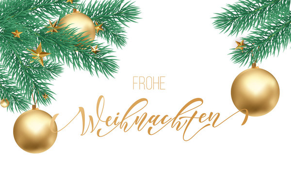 Frohe Weihnachten German Merry Christmas holiday golden hand drawn calligraphy text for greeting card of Christmas branch and decoration ornament. Vector winter season goldent font on white background