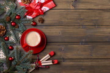 Christmas or New Year card. Coffee and red gift box