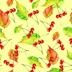 Watercolor vintage seamless autumn background. With paint divorces red, orange, green yellow. With autumn leaves, red berries. Beautiful, stylish stylish background.