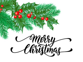 Merry Christmas trendy quote calligraphy on white premium background for winter holiday design template. Vector Christmas tree holly wreath decoration for New Year season