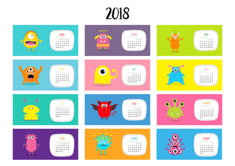 Monster horizontal monthly calendar 2018. Cute funny cartoon character set. All month. Flat design.