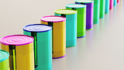 Long isolated line of brightly colored cans on a neutral surface