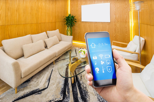 smart phone with smart home with modern living room