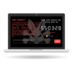 Bad rabbit ransomware malware virus threat extortionist on computer screen with show massage of bit coin payment for decrypt on white background. Vector illustration cyber crime and security concept.