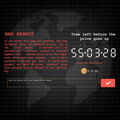 Bad rabbit ransomware malware virus threat extortionist with show massage of bitcoin payment for decrypt on binary background. Vector illustration cyber crime and security concept.