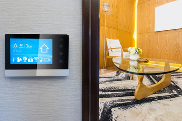 Fototapeta na wymiar smart screen with smart home with modern living room