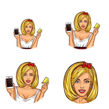 Set of vector pop art round avatar icons for users of social networking, blogs, profile icons. Young woman buyer holds a mobile phone and a credit card, the convenience of using e-payments