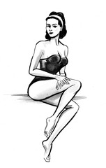 Pretty girl in swimming suit. Ink black and white illustration.