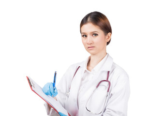 female doctor holding patient medical chart.