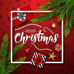 Christmas red background with fir branches and elements