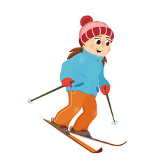 Happy funny girl in warm clothes skiing downhill, winter sport activity, retro style cartoon vector illustration isolated on white background. Happy girl skiing, winter vacation, outdoor activity