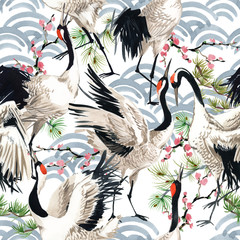 Naklejki  Japoński żuraw ptak wzór, akwarela ilustracja.