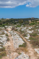 Fototapeta na wymiar Mysterious ancient cart ruts at Misrah Ghar il-Kbir aka Clapham Junction, a prehistoric site near the Dingli Cliffs, Siggiewi, Malta