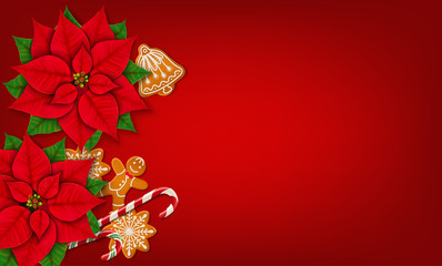 Horizontal Christmas banner with place for text. Poinsettias, gingerbread cookies and candy canes on the bright red background. Top view. Vector