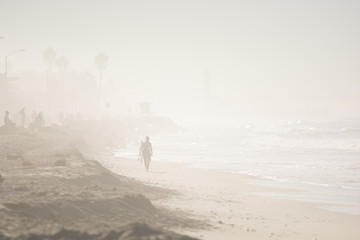 morning fog surfer san diego carlsbad california dawn patrol glow silhouette - obrazy, fototapety, plakaty