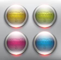 Vector glass web banners set of 4. Round glossy banners. Isolated with realistic light and shadow on the light panel. Each item contains space for own text. Vector illustration. Eps10.