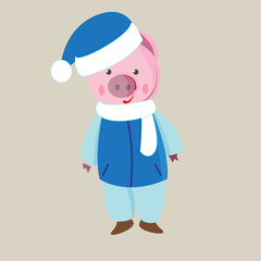 Cute pig in retro style isolated, cartoon  on white background