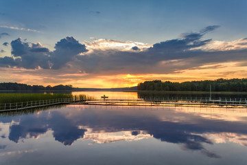 Beautiful sunset at the lake in summer, Poland