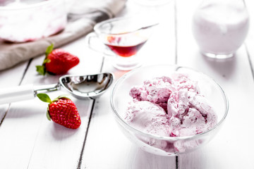 organic homemade ice cream in glass bowl on wooden background
