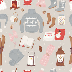 Vector winter clothes warm set of hat, scarf, sweater, gloves fashion clothing style sweater design clothing wintertime collection seamless pattern background