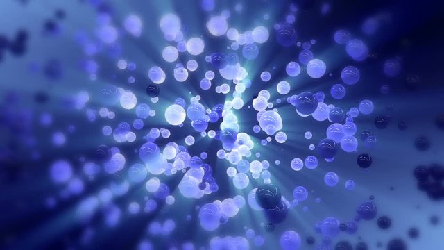 Abstract background with blue speres of different size glowing in the dark