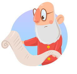 Funny puzzled Santa Claus in glasses reads long list of wishes. Isolated on white background. Round design element, sticker. Cartoon character vector illustration.