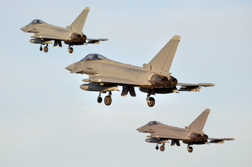 Formación de aviones de combate Eurofighter aterrizando