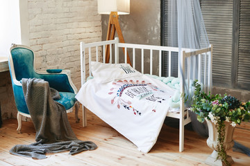 Baby room: bed on white and gray background
