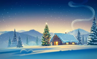 Rolgordijnen Forest landscape with winter house and festive christmas trees. Raster illustration. © Rustic