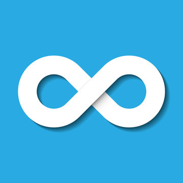 Infinity symbol icon. Representing the concept of infinite, limitless and endless things. Simple white vector design element on blue background.