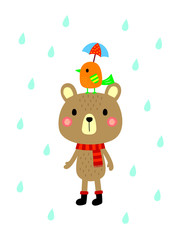 cute teddy bear and bird in rain vector