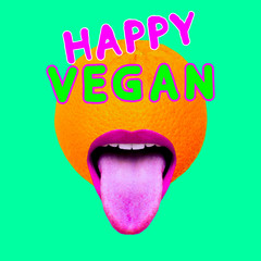 Modern design collage art.  Happy Vegan  concept.  Fashion Orange Fruit Mood