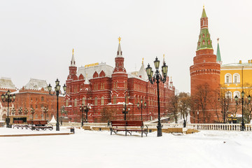 Snow-covered view of the Manezhnaya Square in Moscow.