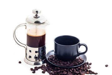 french press coffee pot and coffee cup