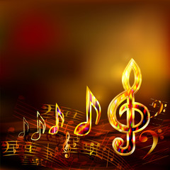 Dark music background with golden musical notes and treble clef