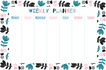 Elegant floral vector weekly planner template, stationery organizer for daily plans and schedules