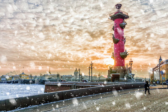 Palace Bridge at sunset in winter in St. Petersburg, Russia