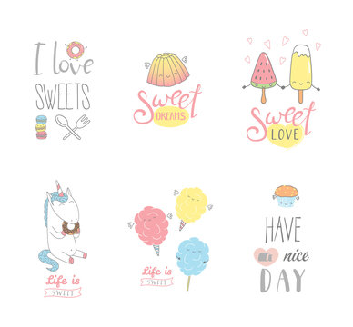 Set of different hand drawn sweet food doodles, with kawaii cartoon faces, typography elements. Isolated objects on white background. Design concept dessert, kids, greeting card, motivational poster.