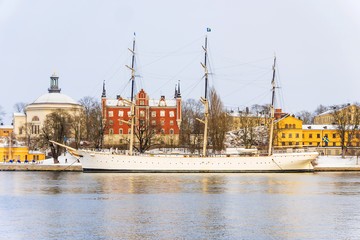 Fototapeta premium sailboat in winter Stockholm, Sweden