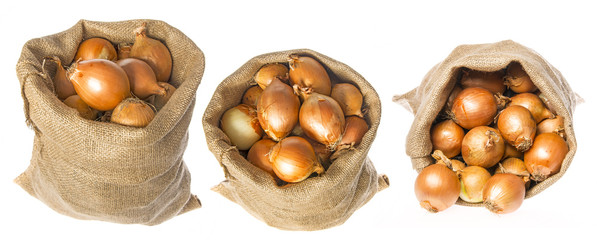 a sack with onion isolated on a white background